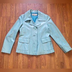 Vera Pelle Blue Italian Viscosa Leather Long Sleeve Jacket Size L Pockets Womens
